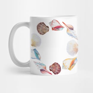 Hand drawn illustrations round frame of seashells. Mug